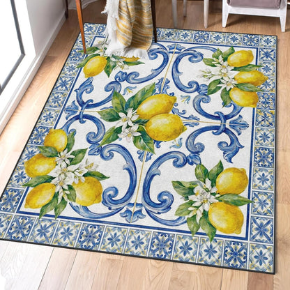 Area Rugs 3'x5' Washable Rug, Lemon Mediterranean Watercolor Stain Resistant Non Slip Backing Italian Yellow Carpet for Living Room Bedroom Dining Room