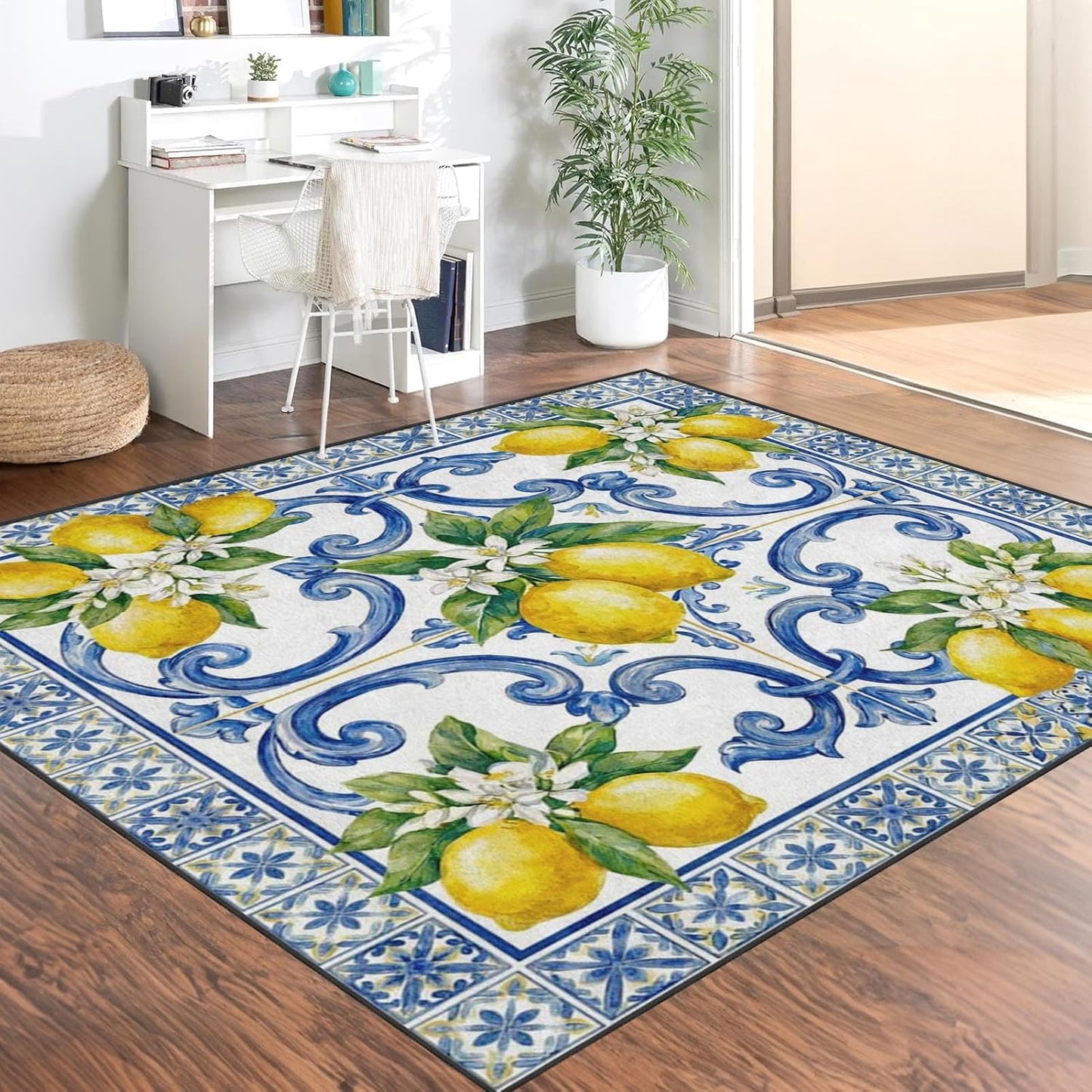Area Rugs 3'x5' Washable Rug, Lemon Mediterranean Watercolor Stain Resistant Non Slip Backing Italian Yellow Carpet for Living Room Bedroom Dining Room
