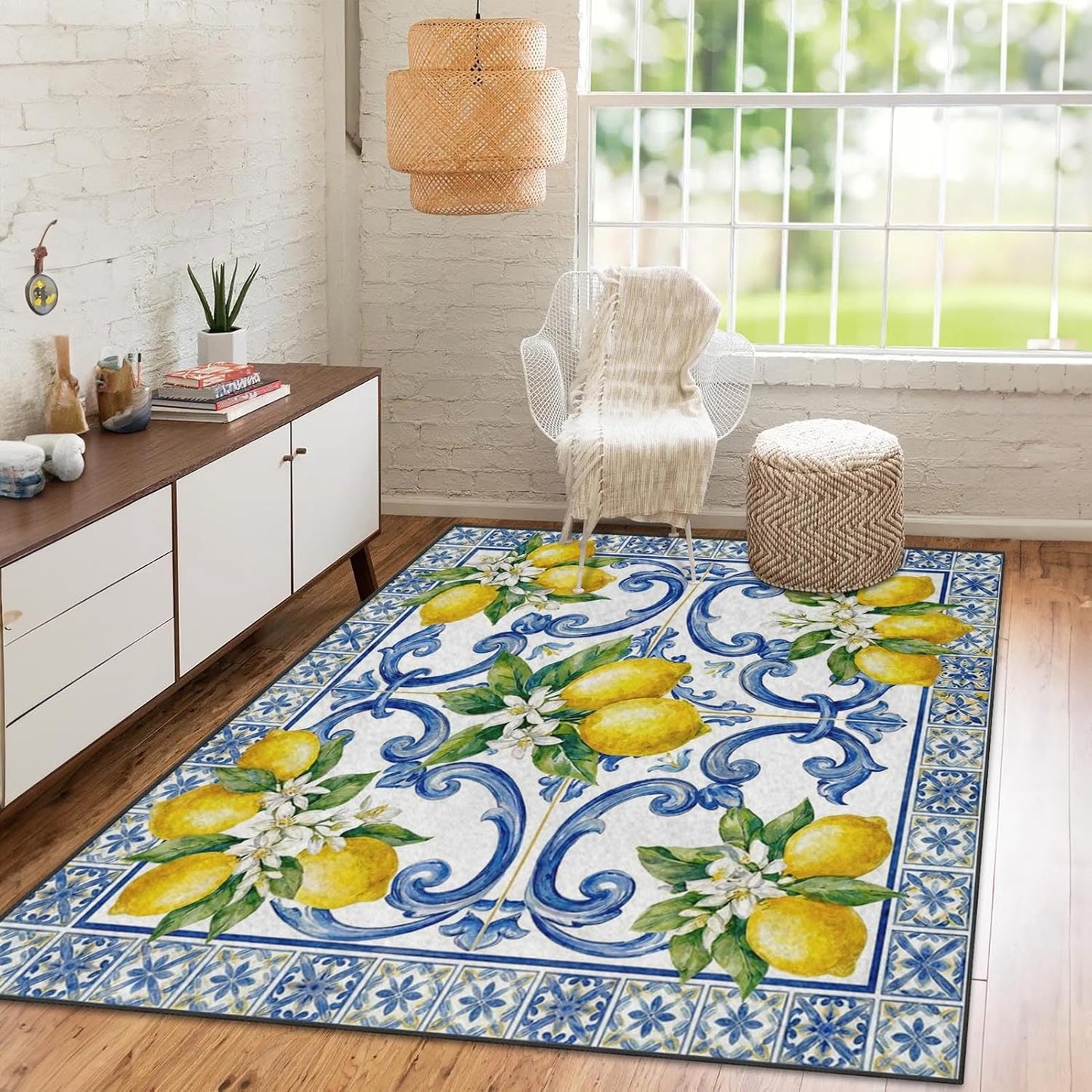 Area Rugs 3'x5' Washable Rug, Lemon Mediterranean Watercolor Stain Resistant Non Slip Backing Italian Yellow Carpet for Living Room Bedroom Dining Room