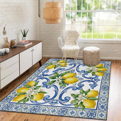 Area Rugs 3'x5' Washable Rug, Lemon Mediterranean Watercolor Stain Resistant Non Slip Backing Italian Yellow Carpet for Living Room Bedroom Dining Room