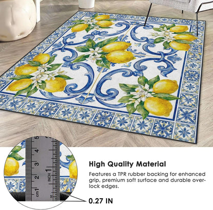 Area Rugs 3'x5' Washable Rug, Lemon Mediterranean Watercolor Stain Resistant Non Slip Backing Italian Yellow Carpet for Living Room Bedroom Dining Room