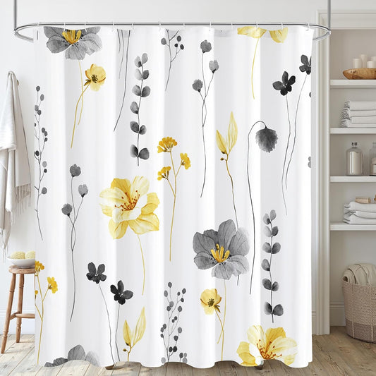 Yellow and Grey Floral Shower Curtain, Watercolor Flower Shower Curtain for Bathroom, Modern Minimalist White Waterproof Fabric Shower Curtain Set 72x72 Inch