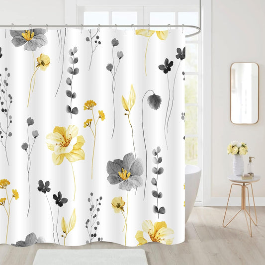 Yellow and Grey Floral Shower Curtain, Watercolor Flower Shower Curtain for Bathroom, Modern Minimalist White Waterproof Fabric Shower Curtain Set 72x72 Inch