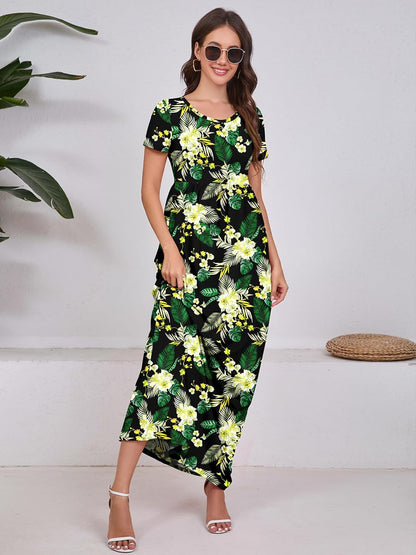 Maxi Dress for Women Short Sleeve Casual Summer Loose Plain Comfy Long Dresses with Pockets