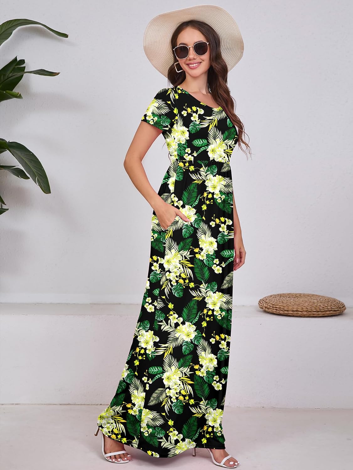 Maxi Dress for Women Short Sleeve Casual Summer Loose Plain Comfy Long Dresses with Pockets