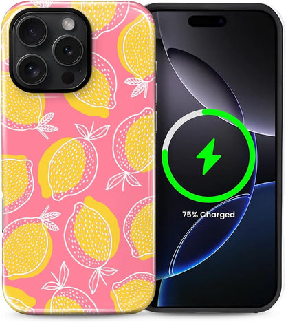 Magnetic for iPhone 16 Pro Case,[Compatible with Magsafe] Dual Layer Protective Heavy Duty Shockproof Rugged Drop Protection Bumper Hybrid Case - Pink Yellow Lemon