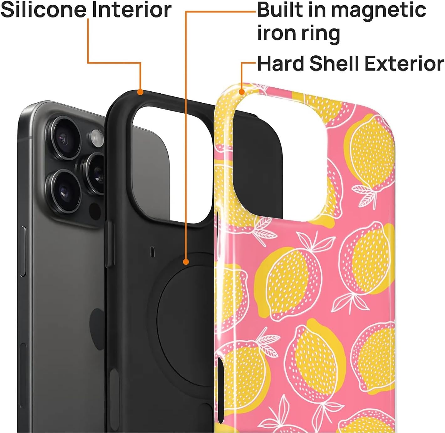 Magnetic for iPhone 16 Pro Case,[Compatible with Magsafe] Dual Layer Protective Heavy Duty Shockproof Rugged Drop Protection Bumper Hybrid Case - Pink Yellow Lemon