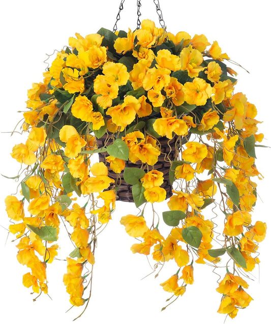 Artificial Hanging Flower Baskets for Spring Decoration, Outdoor Fake Plant Faux Silk Hibiscus Long Vines in Planter UV Resistant Realistic Flowers for Outside Porch Patio Home Decor, Yellow