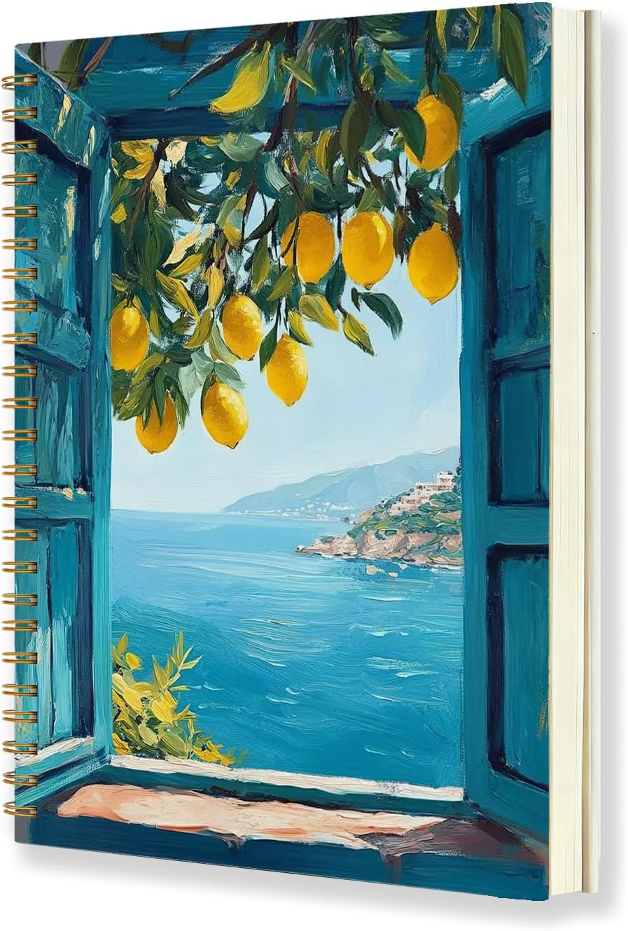 Mediterranean Lemon Spiral Notebook Journal, Coastal Italian Seaside Lemon Hardcover Notebook Journal for School Office Work Supplies 5.5x8.3 Inch