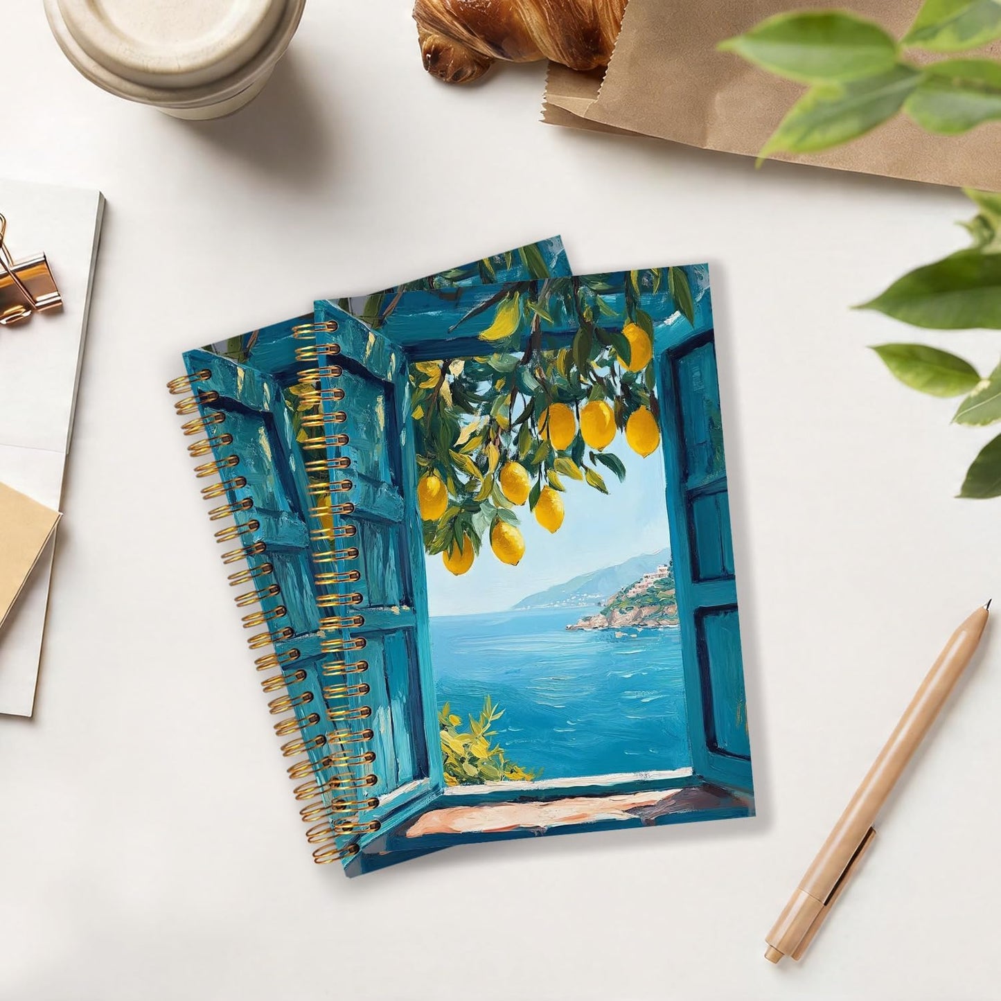 Mediterranean Lemon Spiral Notebook Journal, Coastal Italian Seaside Lemon Hardcover Notebook Journal for School Office Work Supplies 5.5x8.3 Inch