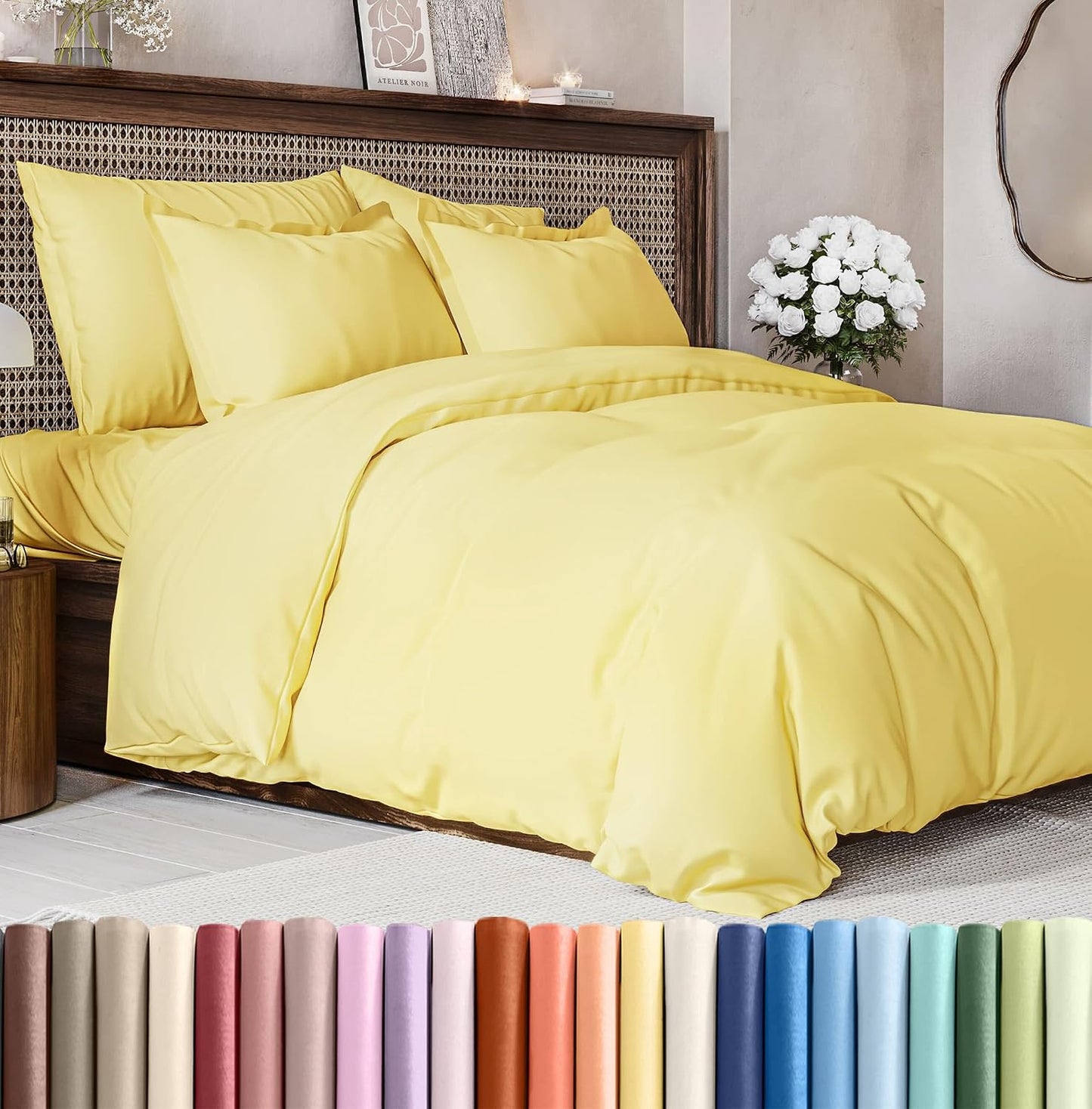 Duvet Cover Queen Size Set - Extra Soft Queen Duvet Cover 90" x 90" with 2 Pillow Shams for Women, Men, Kids & Teens - Hotel Luxury, Easy-Care w/ Zipper Closures & Ties - Comfy & Breathable (Yellow)