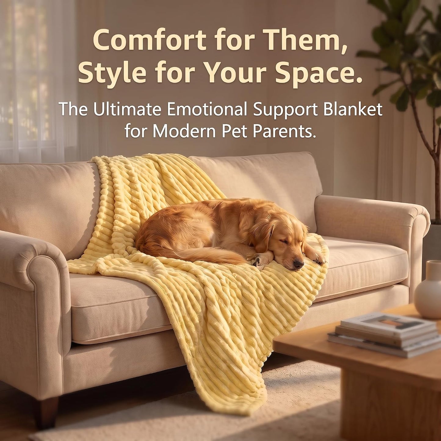 Emotional Support Blanket Yellow for Dogs, Calming Faux Fur Security Throw | Soft Plush Furniture Protector for Couch and Pet Bed, Warm Cozy Sleeping Mat for Indoor Outdoor Travel, Machine Washable