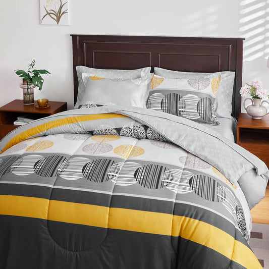 Stripes Bed in a Bag Queen Size 7 Pieces Black Gray Yellow Halloween Color Comforter Sheet Set with Circles Bed Comforter Set (1 Comforter 2 Pillow Shams 1 Flat Sheet 1 Fitted Sheet 2 Pillowcases)