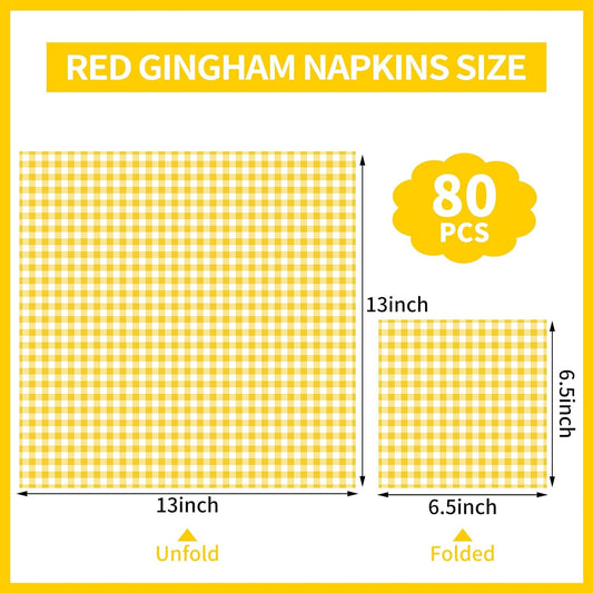 80 Pcs Gingham Napkins, 6.5X6.5 Inch Picnic Paper Napkins Disposable Yellow and White Plaid Napkin for Spring, Picnic, Lemon Party