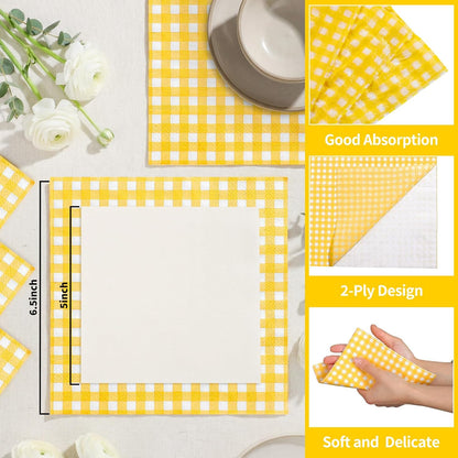 80 Pcs Gingham Napkins, 6.5X6.5 Inch Picnic Paper Napkins Disposable Yellow and White Plaid Napkin for Spring, Picnic, Lemon Party