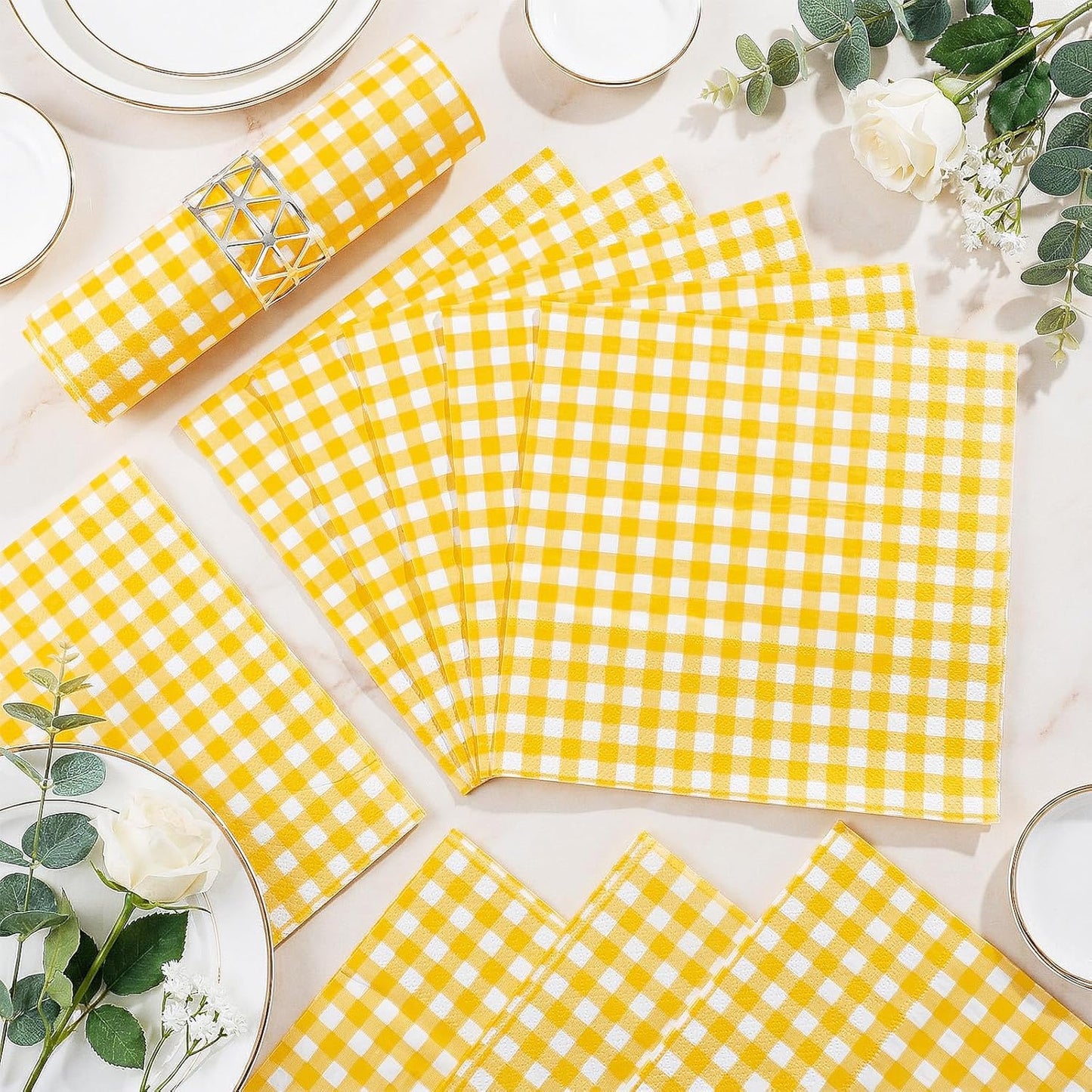 80 Pcs Gingham Napkins, 6.5X6.5 Inch Picnic Paper Napkins Disposable Yellow and White Plaid Napkin for Spring, Picnic, Lemon Party