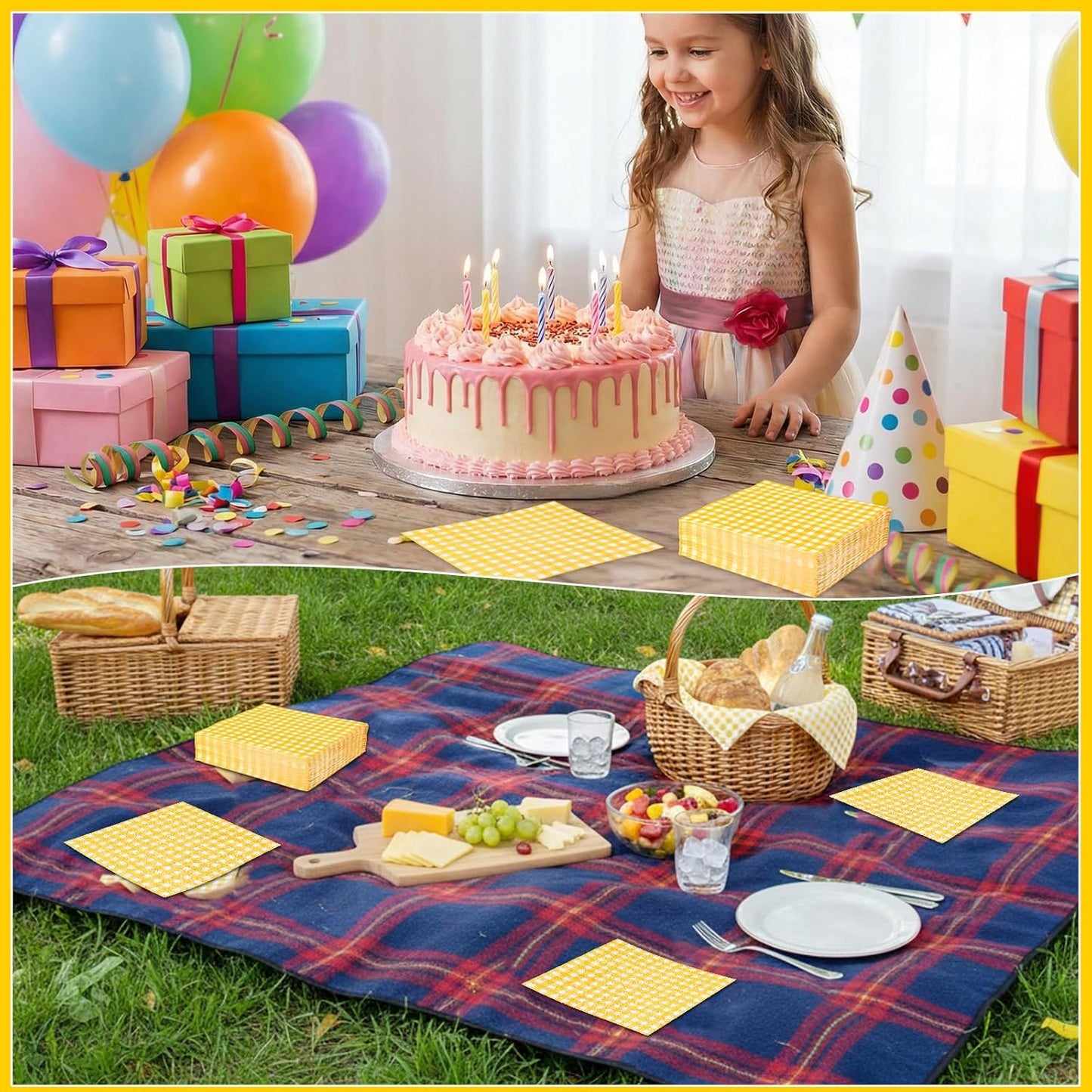 80 Pcs Gingham Napkins, 6.5X6.5 Inch Picnic Paper Napkins Disposable Yellow and White Plaid Napkin for Spring, Picnic, Lemon Party