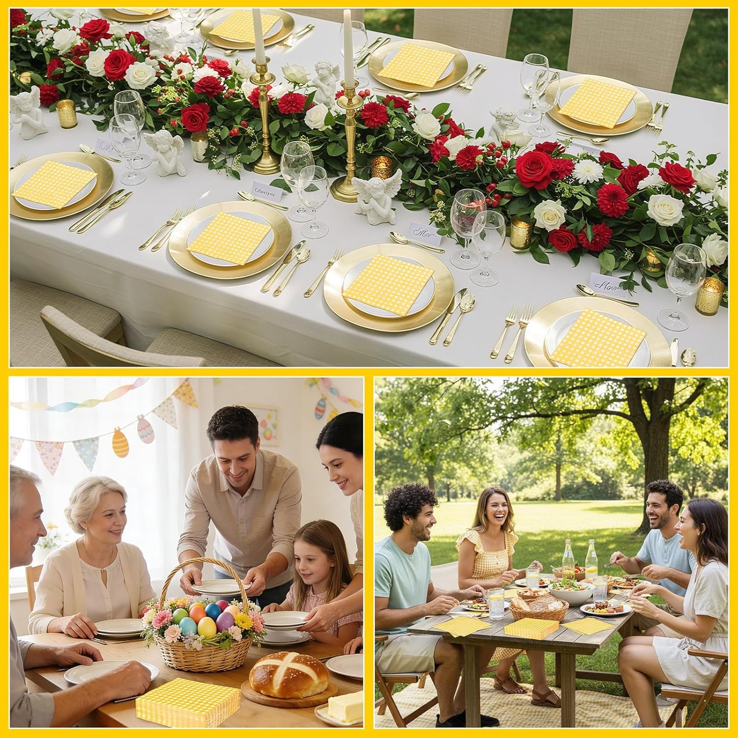 80 Pcs Gingham Napkins, 6.5X6.5 Inch Picnic Paper Napkins Disposable Yellow and White Plaid Napkin for Spring, Picnic, Lemon Party