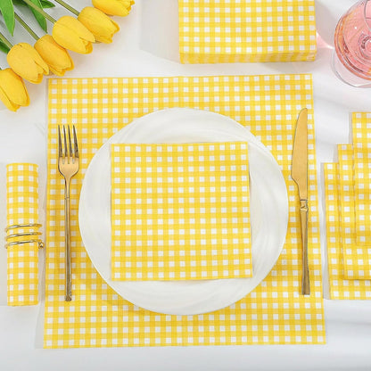 80 Pcs Gingham Napkins, 6.5X6.5 Inch Picnic Paper Napkins Disposable Yellow and White Plaid Napkin for Spring, Picnic, Lemon Party
