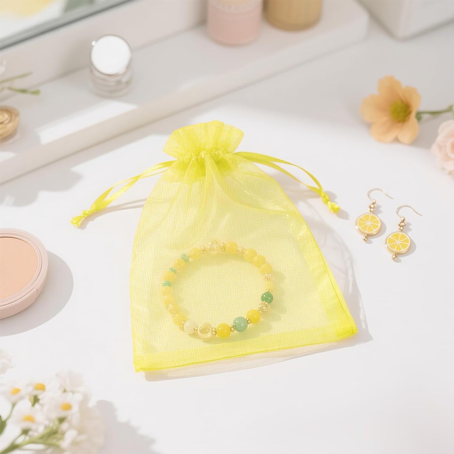 50Pcs Lemon Yellow Organza Bags - 4x6 In Jewelry Drawstring Mesh Pouch, Sheer Organza Gift Wrapping Bags for Birthday, Baby Shower, Wedding, Graduation