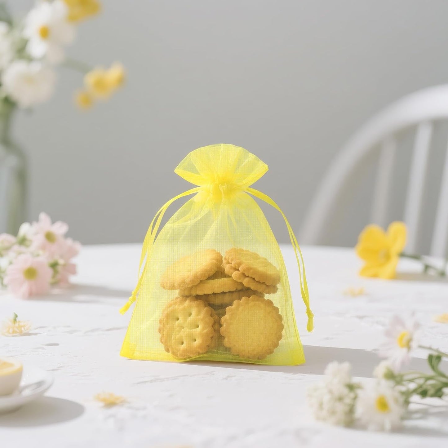 50Pcs Lemon Yellow Organza Bags - 4x6 In Jewelry Drawstring Mesh Pouch, Sheer Organza Gift Wrapping Bags for Birthday, Baby Shower, Wedding, Graduation