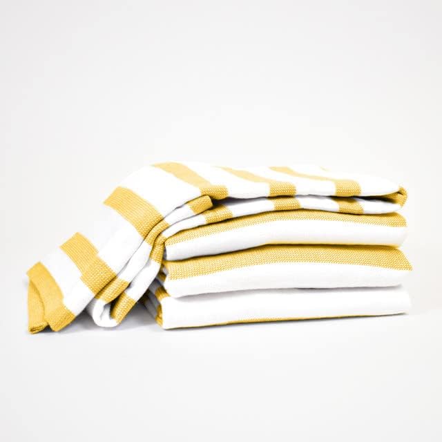 17" x 27" 100% Cotton Kitchen Towel (4 Pack) | Stripe Pattern Ochri Yellow | Soft, Plush & Absorbent with Solid White Backing