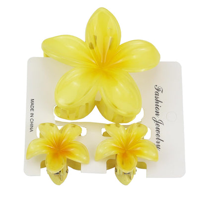 Flower Hair Claw Clip Set,1 Pc Large and 2 Pcs Small Hawaiian Plumeria Claw Clips,Beach Tropical Hair Accessories for Women (Yellow)