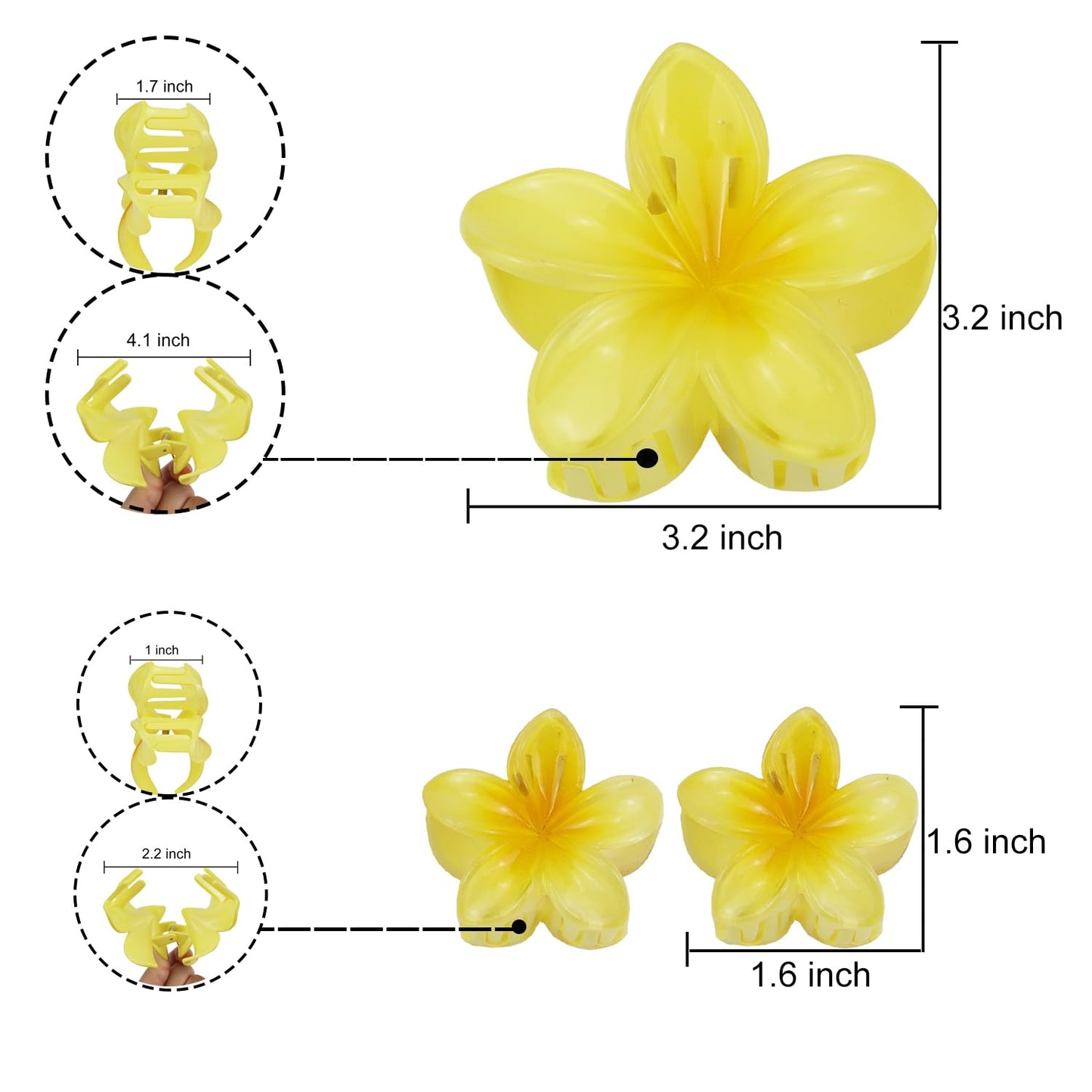 Flower Hair Claw Clip Set,1 Pc Large and 2 Pcs Small Hawaiian Plumeria Claw Clips,Beach Tropical Hair Accessories for Women (Yellow)