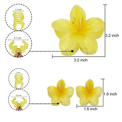 Flower Hair Claw Clip Set,1 Pc Large and 2 Pcs Small Hawaiian Plumeria Claw Clips,Beach Tropical Hair Accessories for Women (Yellow)
