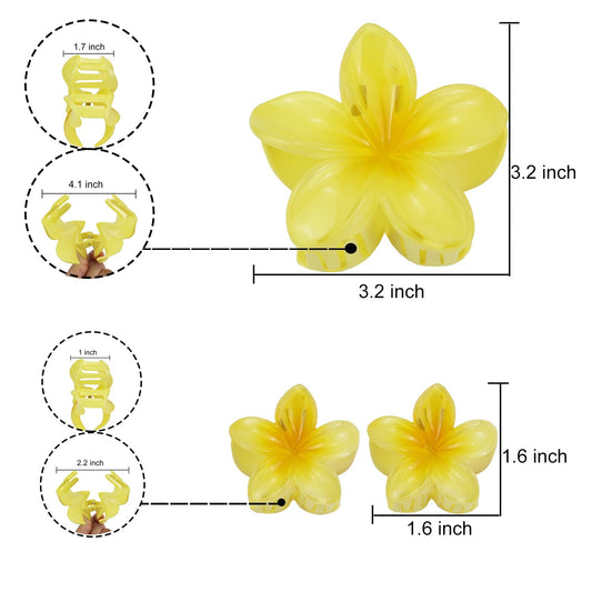 Flower Hair Claw Clip Set,1 Pc Large and 2 Pcs Small Hawaiian Plumeria Claw Clips,Beach Tropical Hair Accessories for Women (Yellow)