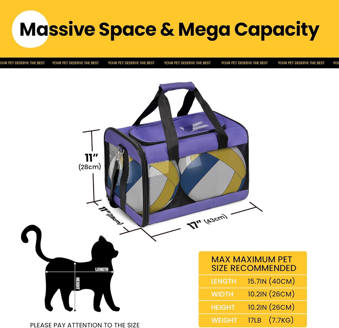 Dog Carrier Soft Sided, Large Cat Carrier with Inner Safety Leash, Pet Transport Carrier for Large Cats and Medium Dogs up to 20 Lbs, Collapsible Travel Puppy Carrier Bag -Purple L