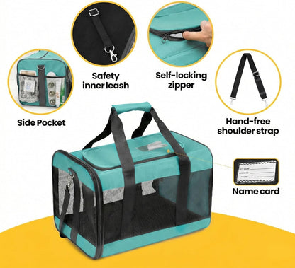 Dog Carrier Soft Sided, Large Cat Carrier with Inner Safety Leash, Pet Transport Carrier for Large Cats and Medium Dogs up to 20 Lbs, Collapsible Travel Puppy Carrier Bag -Purple L