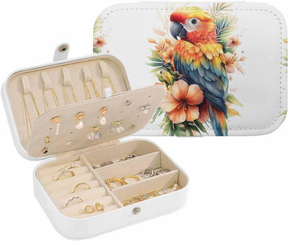 Parrot Jewelry Box Travel Jewelry Organizer Case with Velvet Spring Floral Botanical Blossom Motif Portable Leather Ring Gift Box Cases for Women Mom Necklace 6.3" x 4.3" x 2"