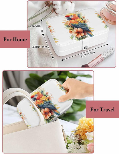 Parrot Jewelry Box Travel Jewelry Organizer Case with Velvet Spring Floral Botanical Blossom Motif Portable Leather Ring Gift Box Cases for Women Mom Necklace 6.3" x 4.3" x 2"