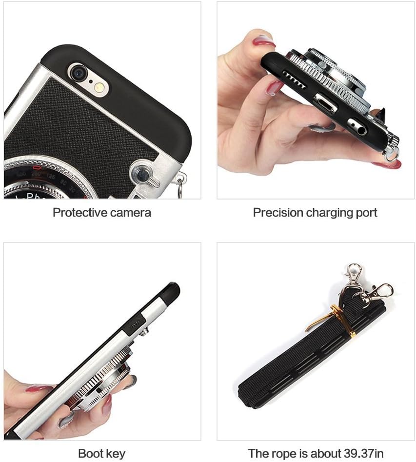 Case for iPhone 7, Cute Case for iPhone 8, 3D Unique Design Camera Case PC + Silicone Shockproof Hybrid Cover Case with Long Strap Rope (iPhone 7/8, Black)