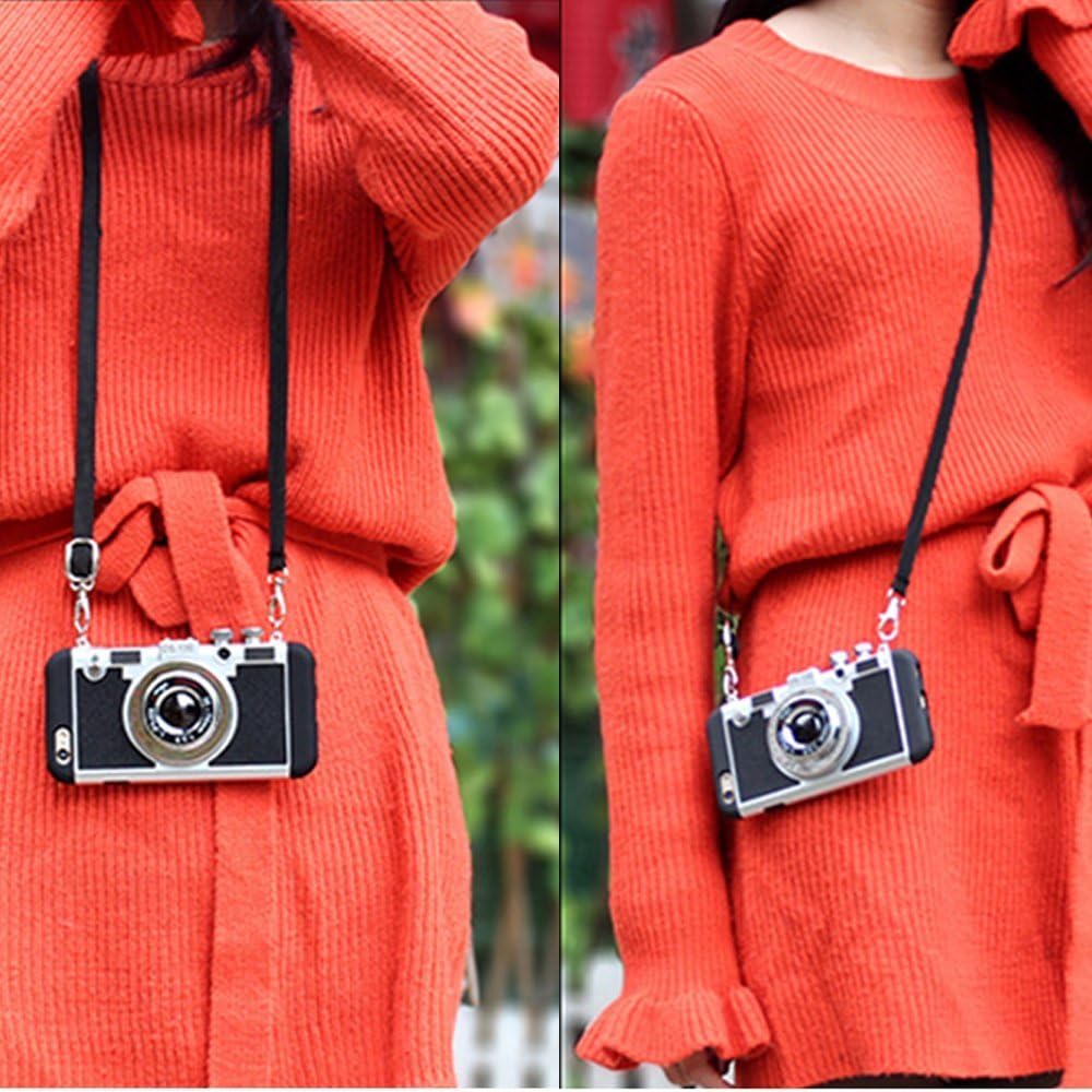Case for iPhone 7, Cute Case for iPhone 8, 3D Unique Design Camera Case PC + Silicone Shockproof Hybrid Cover Case with Long Strap Rope (iPhone 7/8, Black)