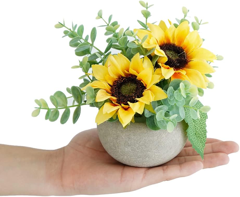 Rose in Pot Decor Potted Artificial Flowers Mini Plants Faux Flowers Indoor Small Decor Fake Roses for Home, Bathroom, Kitchen, Offices, Wedding Party Centerpieces (Yellow)