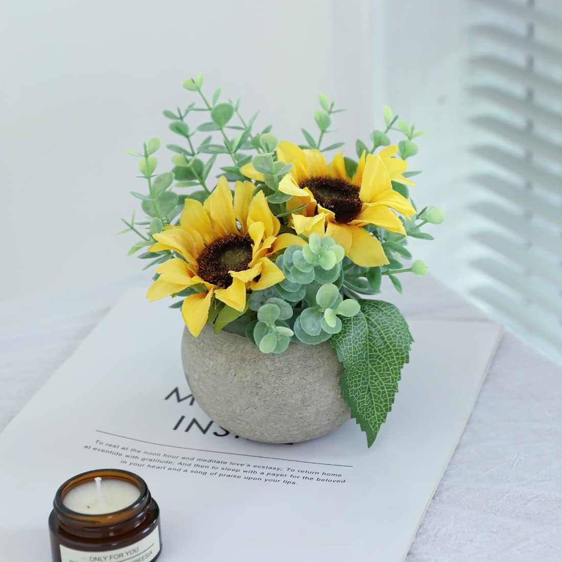 Rose in Pot Decor Potted Artificial Flowers Mini Plants Faux Flowers Indoor Small Decor Fake Roses for Home, Bathroom, Kitchen, Offices, Wedding Party Centerpieces (Yellow)