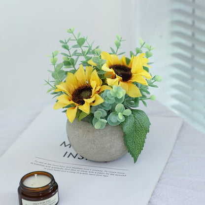 Rose in Pot Decor Potted Artificial Flowers Mini Plants Faux Flowers Indoor Small Decor Fake Roses for Home, Bathroom, Kitchen, Offices, Wedding Party Centerpieces (Yellow)