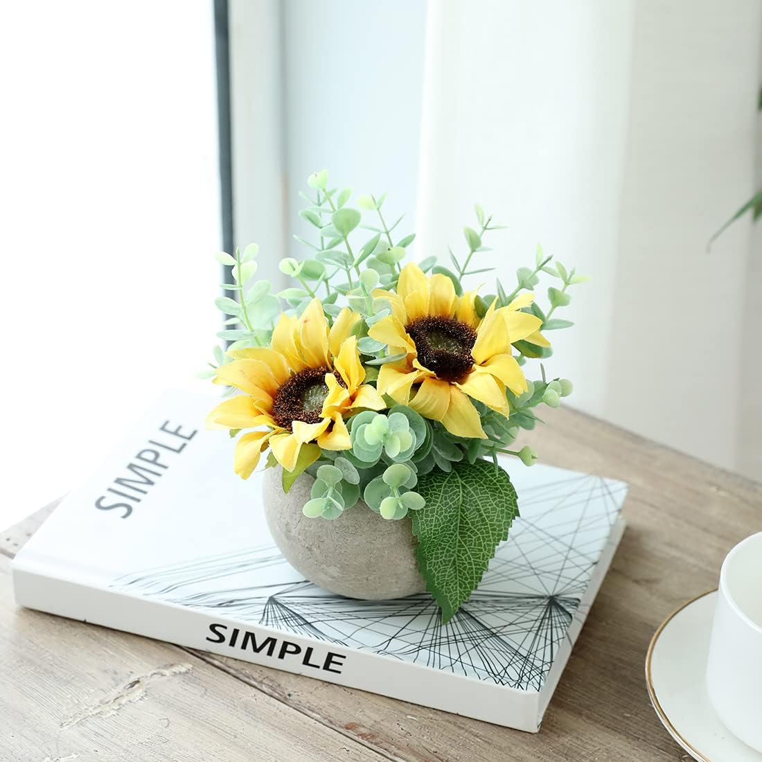 Rose in Pot Decor Potted Artificial Flowers Mini Plants Faux Flowers Indoor Small Decor Fake Roses for Home, Bathroom, Kitchen, Offices, Wedding Party Centerpieces (Yellow)