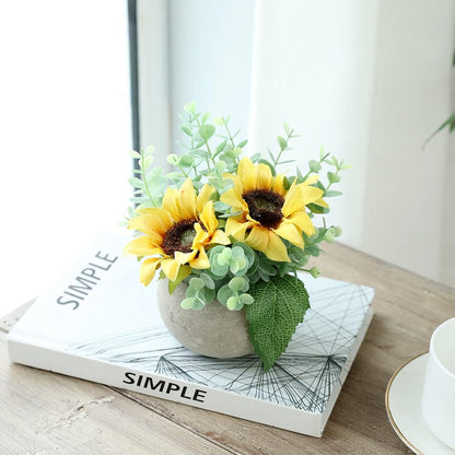 Rose in Pot Decor Potted Artificial Flowers Mini Plants Faux Flowers Indoor Small Decor Fake Roses for Home, Bathroom, Kitchen, Offices, Wedding Party Centerpieces (Yellow)