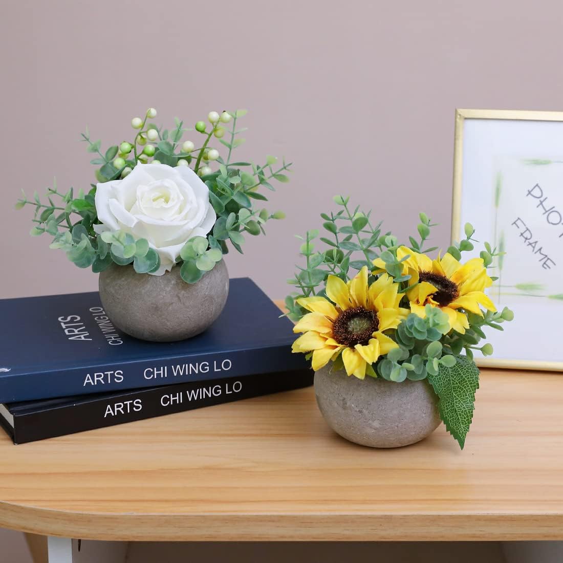 Rose in Pot Decor Potted Artificial Flowers Mini Plants Faux Flowers Indoor Small Decor Fake Roses for Home, Bathroom, Kitchen, Offices, Wedding Party Centerpieces (Yellow)