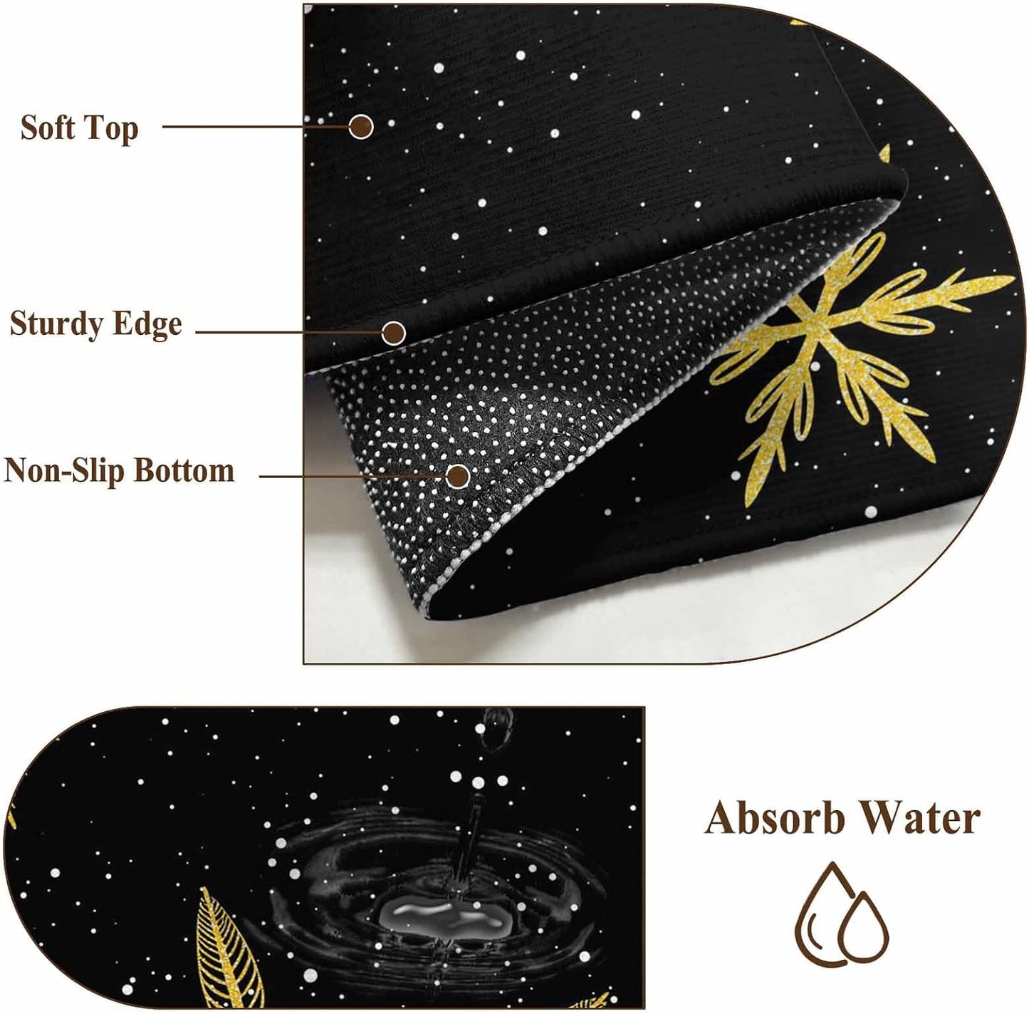 Yellow Christmas Snowflakes 2x3 Area Rugs for Living Room, Winter Snow Abstract Black Non Slip Floor Mat Washable Low-Profile Indoor Carpet for Bedroom, Dining Room, Bathroom