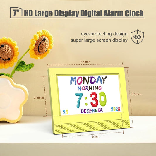 Kids Digital Alarm Clock with Voice Scene Reminders, 7" Eye-Caring Display | Watercolor Wallpapers, Auto Dimming DST/Calendar Clock, Sleep Trainer Easy Setup Gift-Ready Box for Kids Birthday with Remote