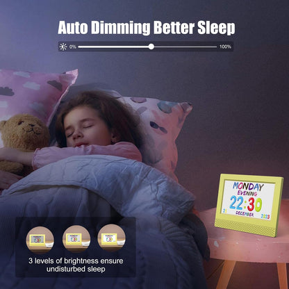 Kids Digital Alarm Clock with Voice Scene Reminders, 7" Eye-Caring Display | Watercolor Wallpapers, Auto Dimming DST/Calendar Clock, Sleep Trainer Easy Setup Gift-Ready Box for Kids Birthday with Remote