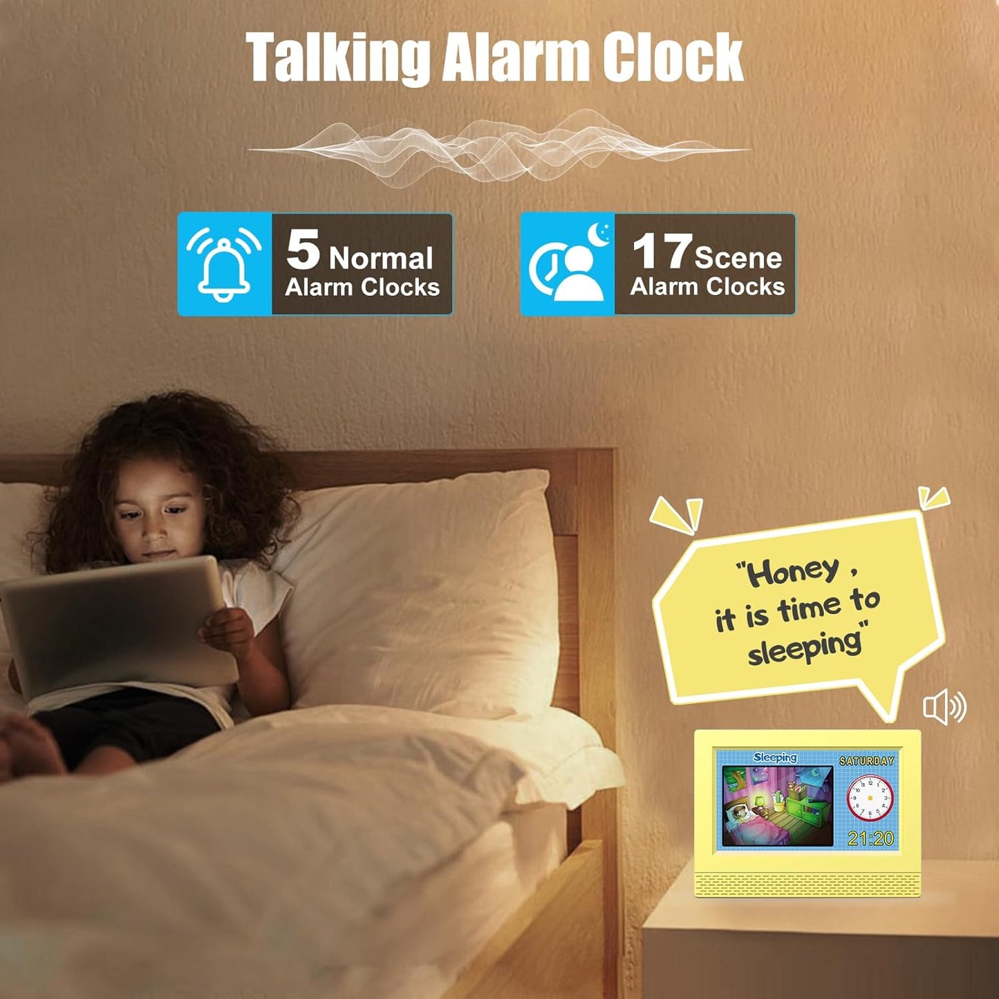 Kids Digital Alarm Clock with Voice Scene Reminders, 7" Eye-Caring Display | Watercolor Wallpapers, Auto Dimming DST/Calendar Clock, Sleep Trainer Easy Setup Gift-Ready Box for Kids Birthday with Remote