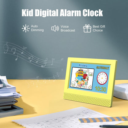 Kids Digital Alarm Clock with Voice Scene Reminders, 7" Eye-Caring Display | Watercolor Wallpapers, Auto Dimming DST/Calendar Clock, Sleep Trainer Easy Setup Gift-Ready Box for Kids Birthday with Remote