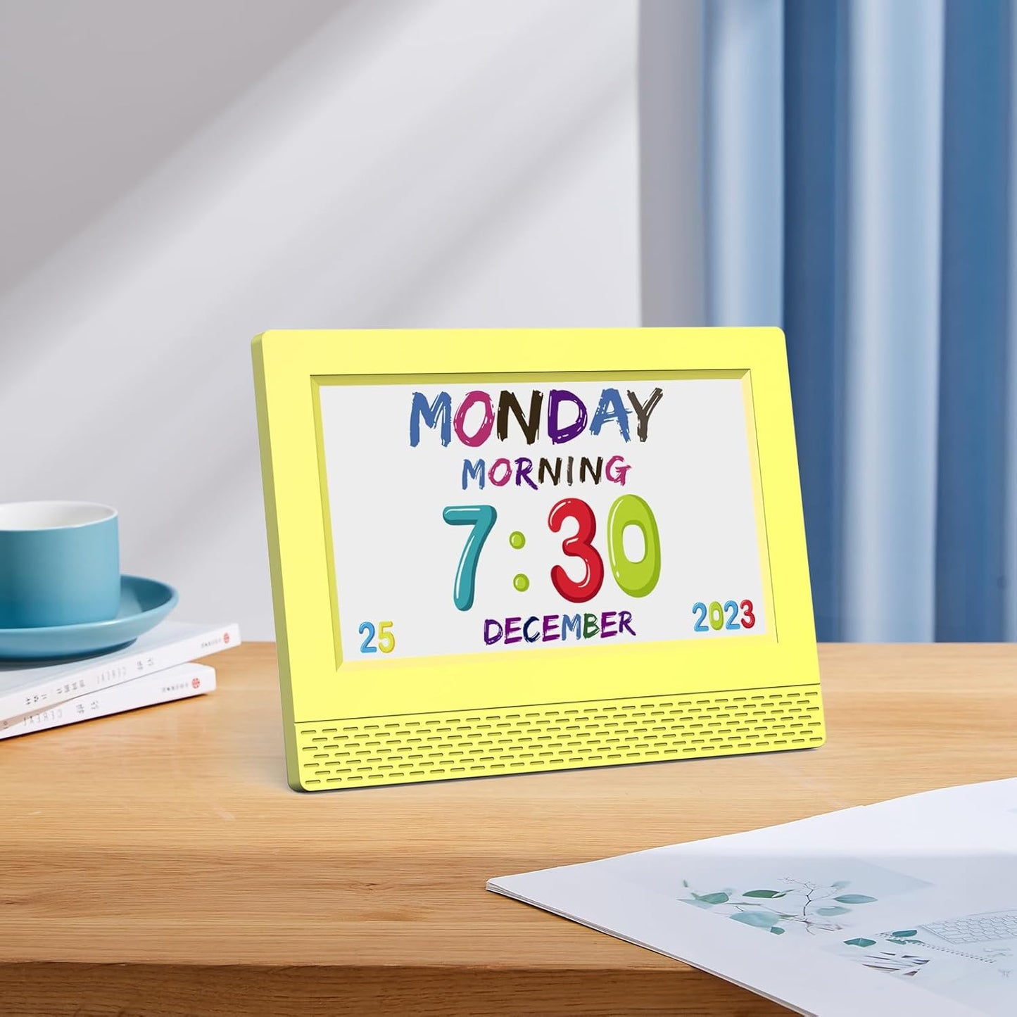 Kids Digital Alarm Clock with Voice Scene Reminders, 7" Eye-Caring Display | Watercolor Wallpapers, Auto Dimming DST/Calendar Clock, Sleep Trainer Easy Setup Gift-Ready Box for Kids Birthday with Remote