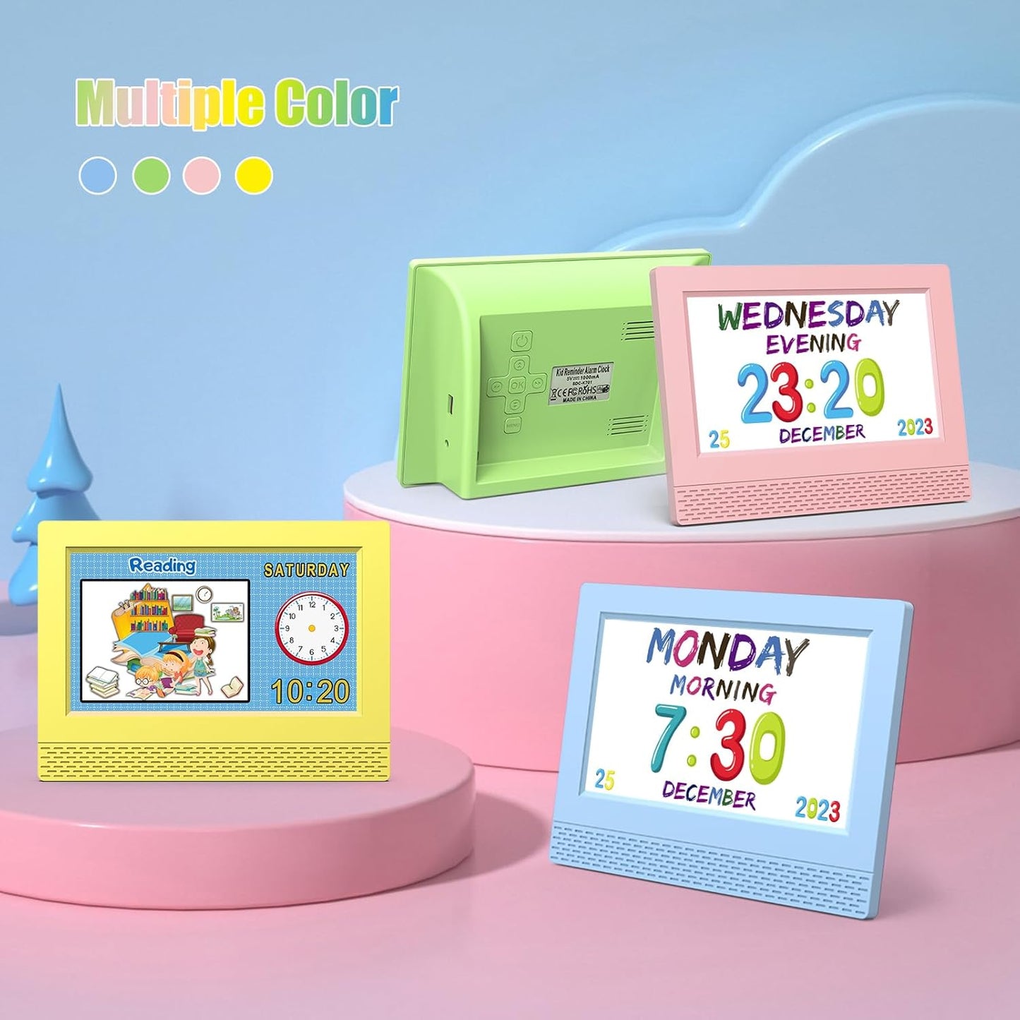 Kids Digital Alarm Clock with Voice Scene Reminders, 7" Eye-Caring Display | Watercolor Wallpapers, Auto Dimming DST/Calendar Clock, Sleep Trainer Easy Setup Gift-Ready Box for Kids Birthday with Remote