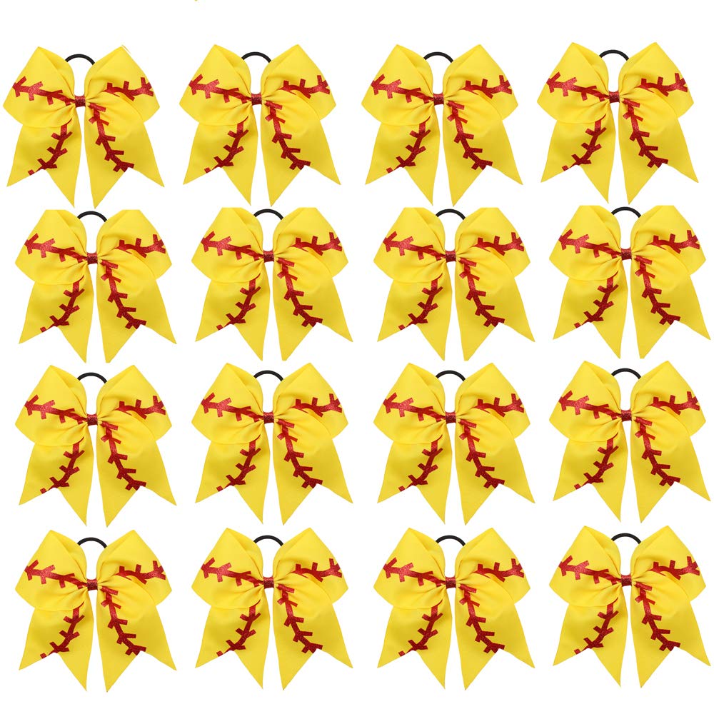 16PCS 8" Large Cheer Hair Bows Ponytail Holder Elastic Band Handmade for Cheerleading Teen Girls College Sports (16 Pcs) (Baseball Yellow)